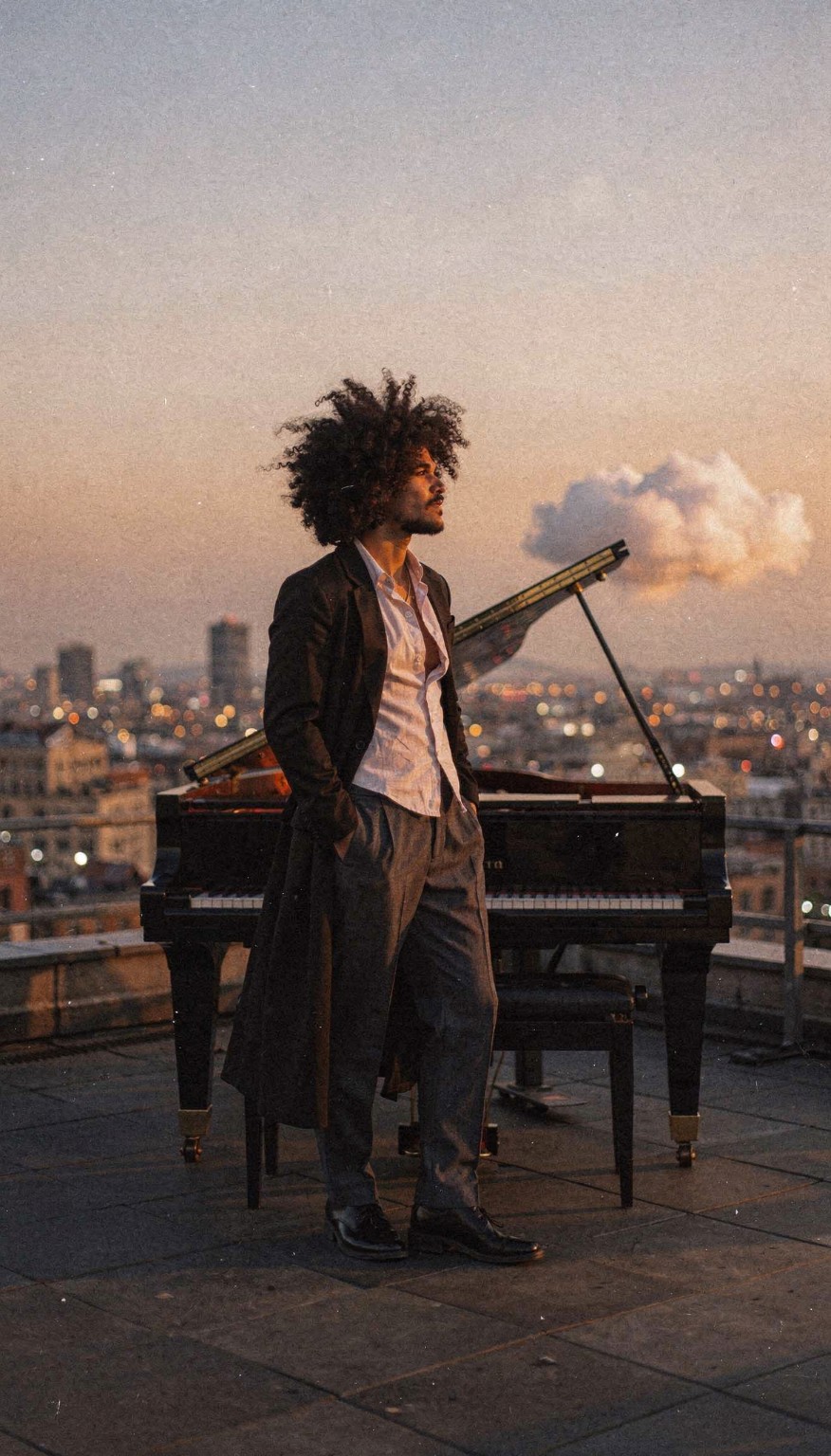Gabriel beside a grand piano on a rooftop at sunset